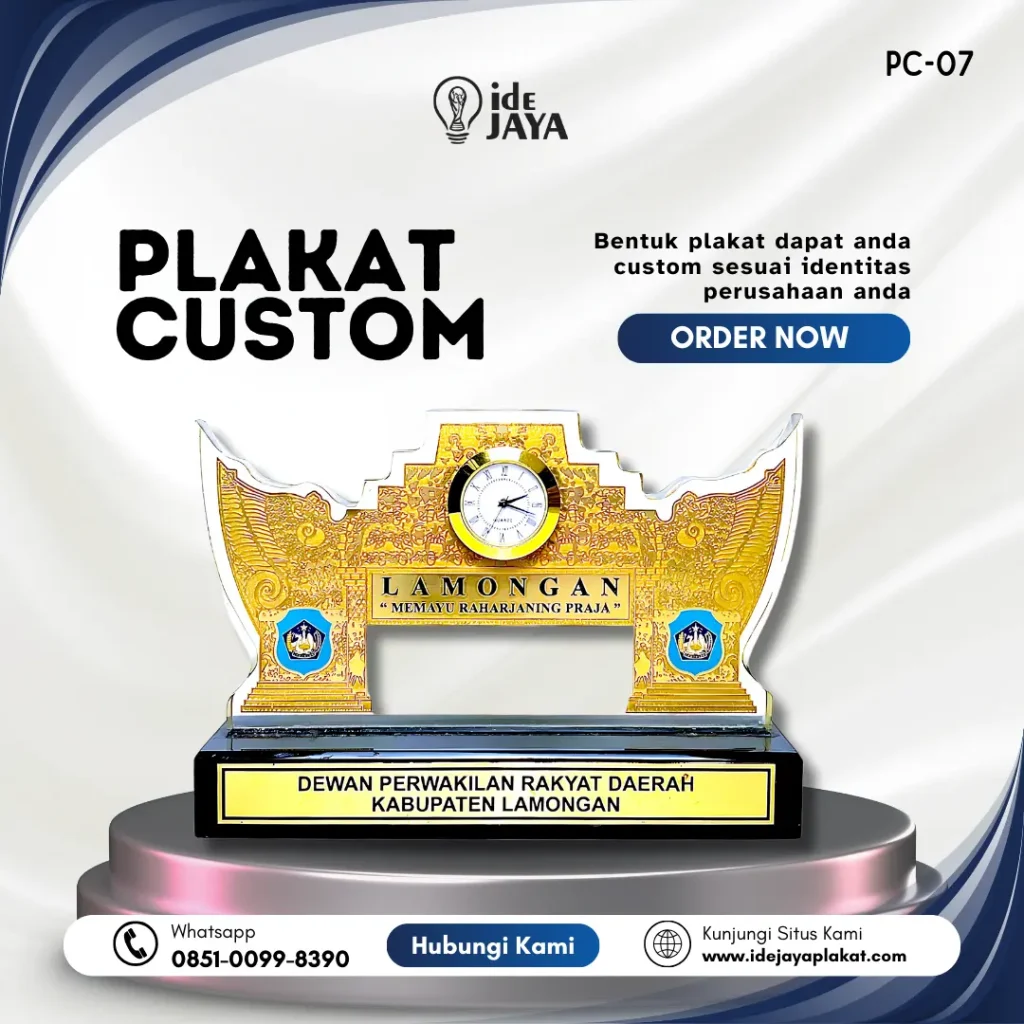 Plakat custom akrilik dengan jam dan ornamen khas Lamongan untuk DPRD Kabupaten Lamongan